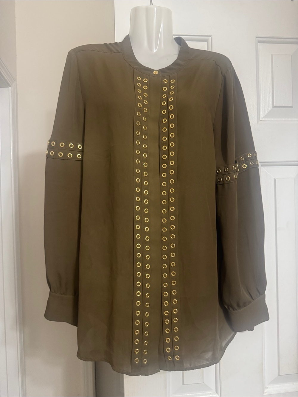 MICHAEL Michael Kors Olive Green Blouse with Gold Eyelets